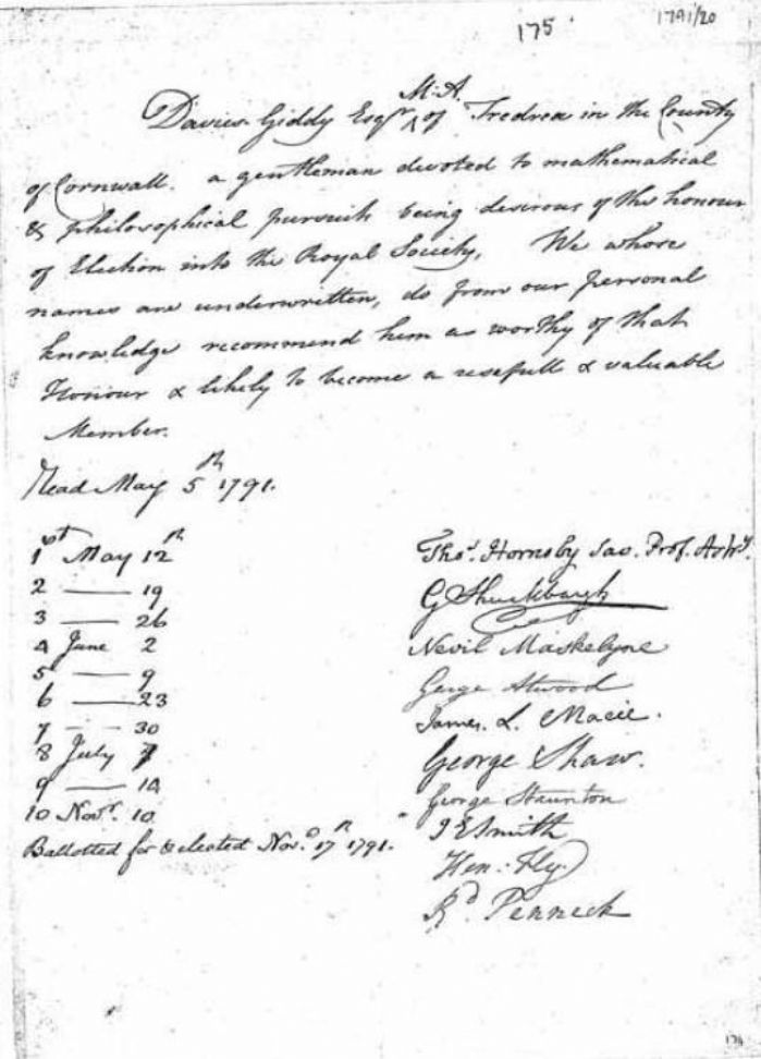 Davies Giddy's citation and list of sponsors on his election as Fellow of the Royal Society in 1791 (image courtesy of the Royal Society)